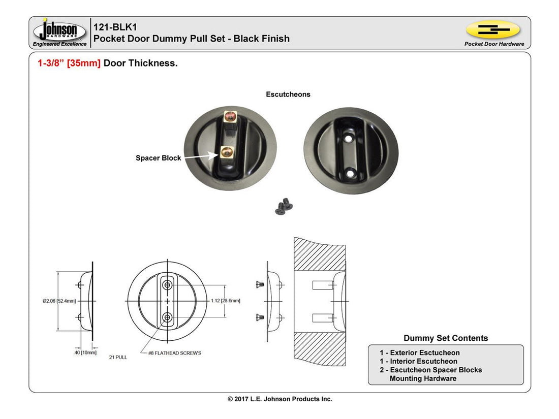 121BLK 1-3/8" Pocket Door Dummy Pull Set