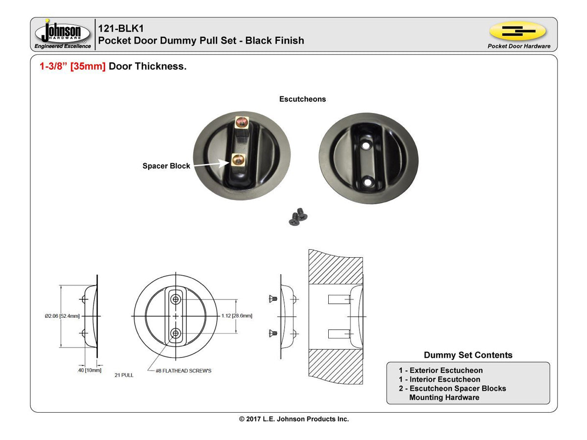 121BLK 1-3/8" Pocket Door Dummy Pull Set