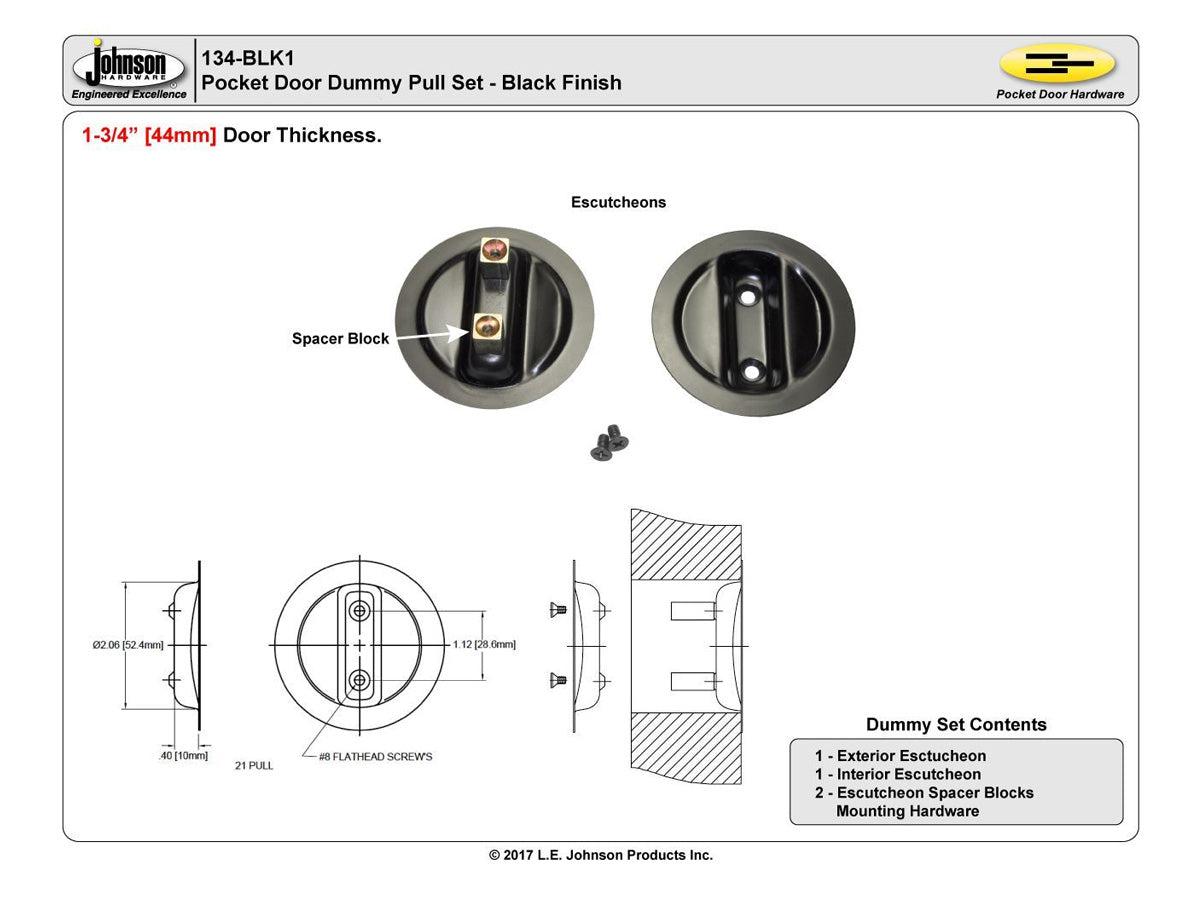 134BLK 1-3/4" Pocket Door Dummy Pull Set