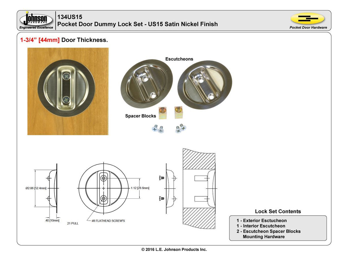 134US15 1-3/4" Dummy Pocket Door Pull Set