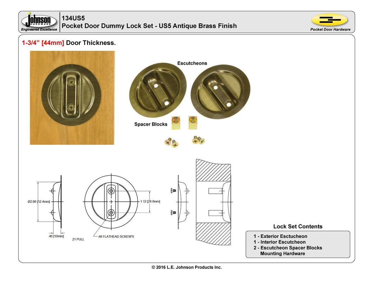 134US5 1-3/4" Dummy Pocket Door Pull Set
