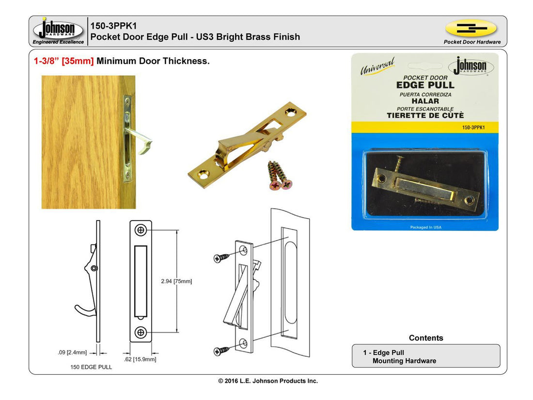 150-3PK1 US3 Bright Brass Edge Pull