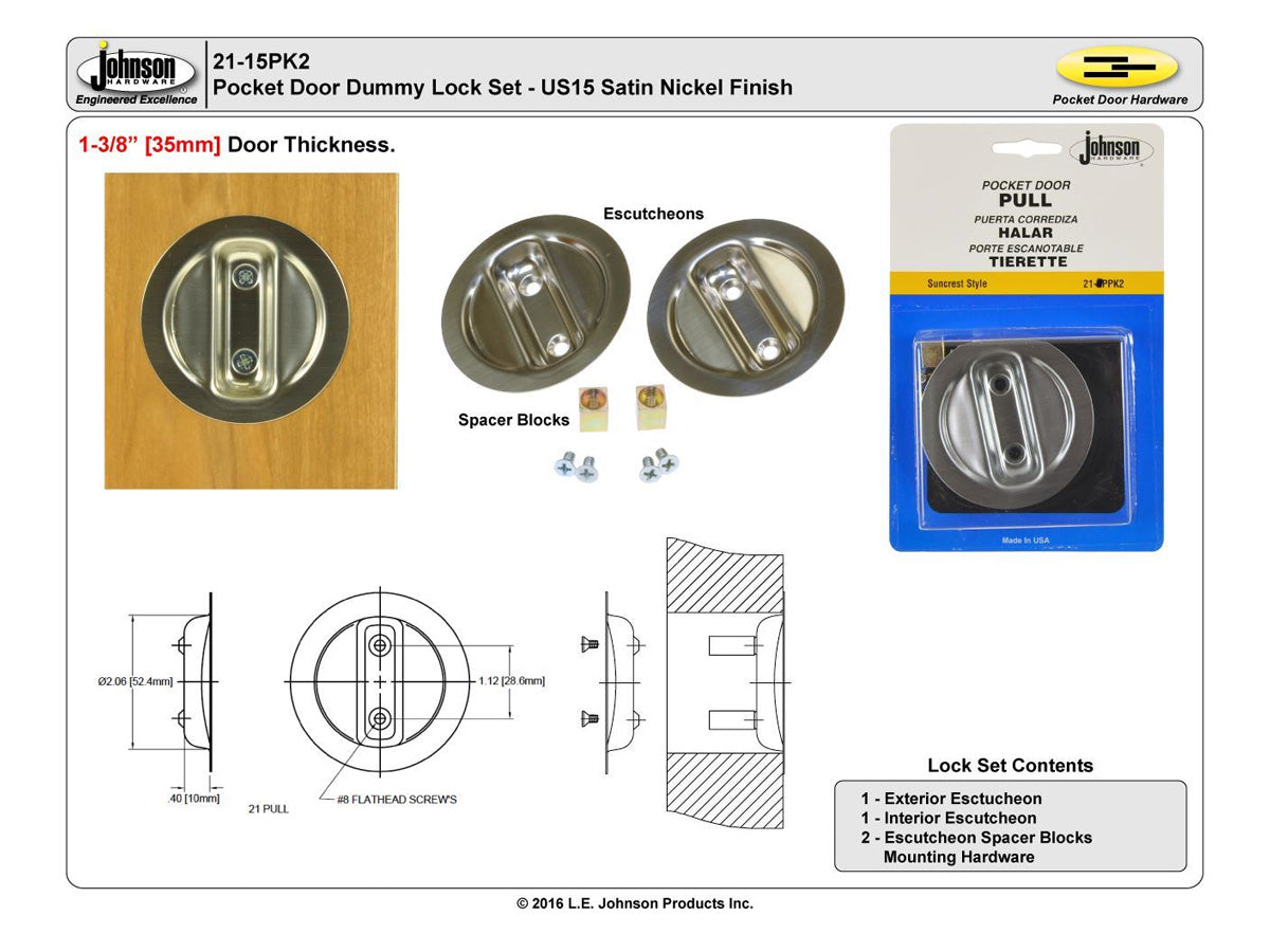 21-15PK2 1-3/8" Dummy Pocket Door Pull Set