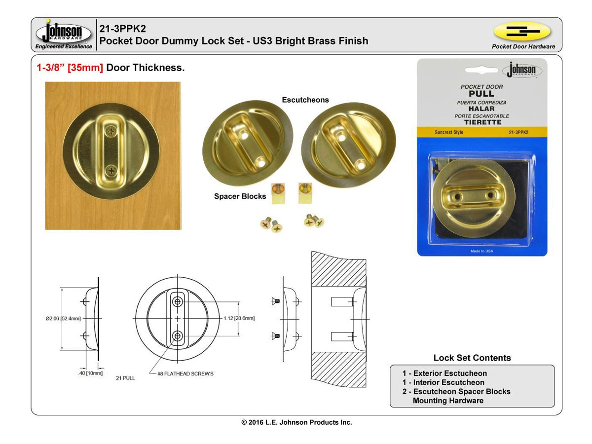 21-3PPK2 1-3/8" Dummy Pocket Door Pull Set