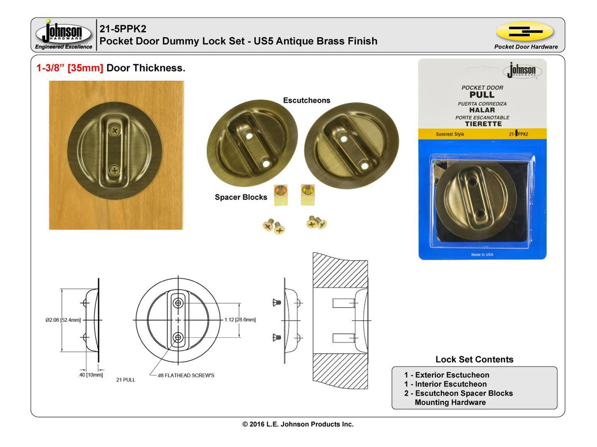 21-5PPK2 1-3/8" Dummy Pocket Door Pull Set