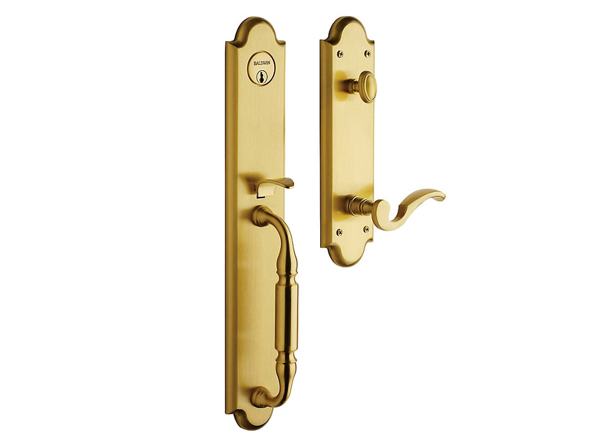 Baldwin Devonshire Emergency Egress Handleset Satin Brass and Brown 060