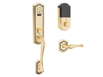 Baldwin Evolved Bethpage Handleset Satin Brass and Brown 060