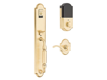 Baldwin Evolved Devonshire Handleset Satin Brass and Brown 060