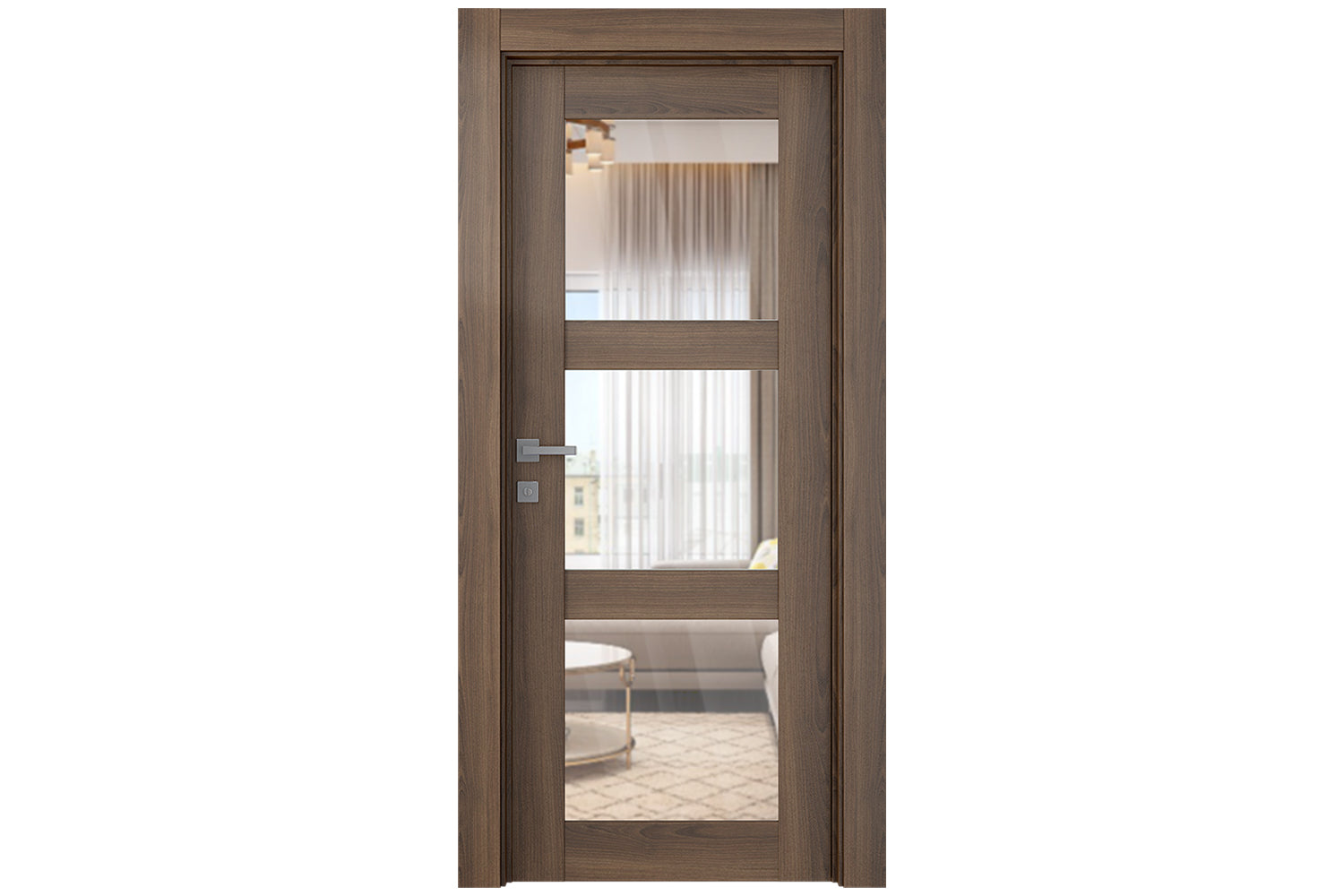 Belldinni Avon 3 Lite Clear Vetro Pecan Nutwood Modern Interior Door - Single Door