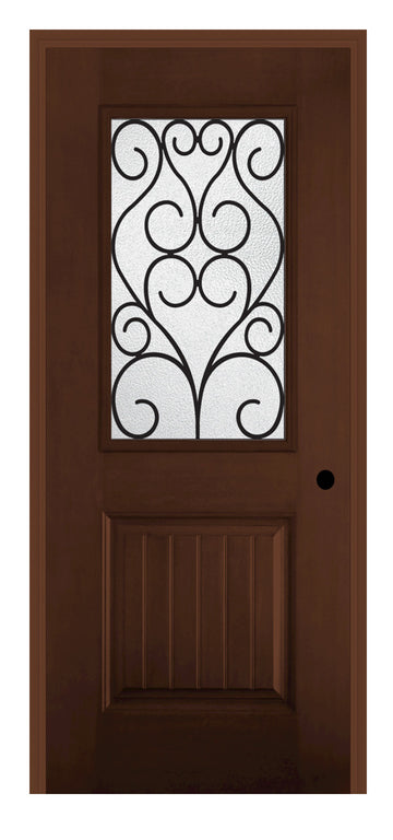 Masonite Belleville Mahogany Textured 1 Panel Plank Door Half Lite with Iron Springs Glass