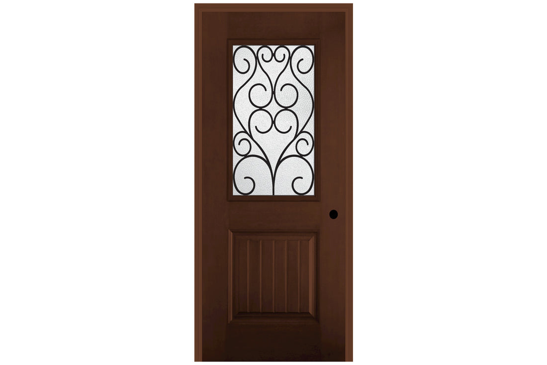 Masonite Belleville Mahogany Textured 1 Panel Plank Door Half Lite with Iron Springs Glass