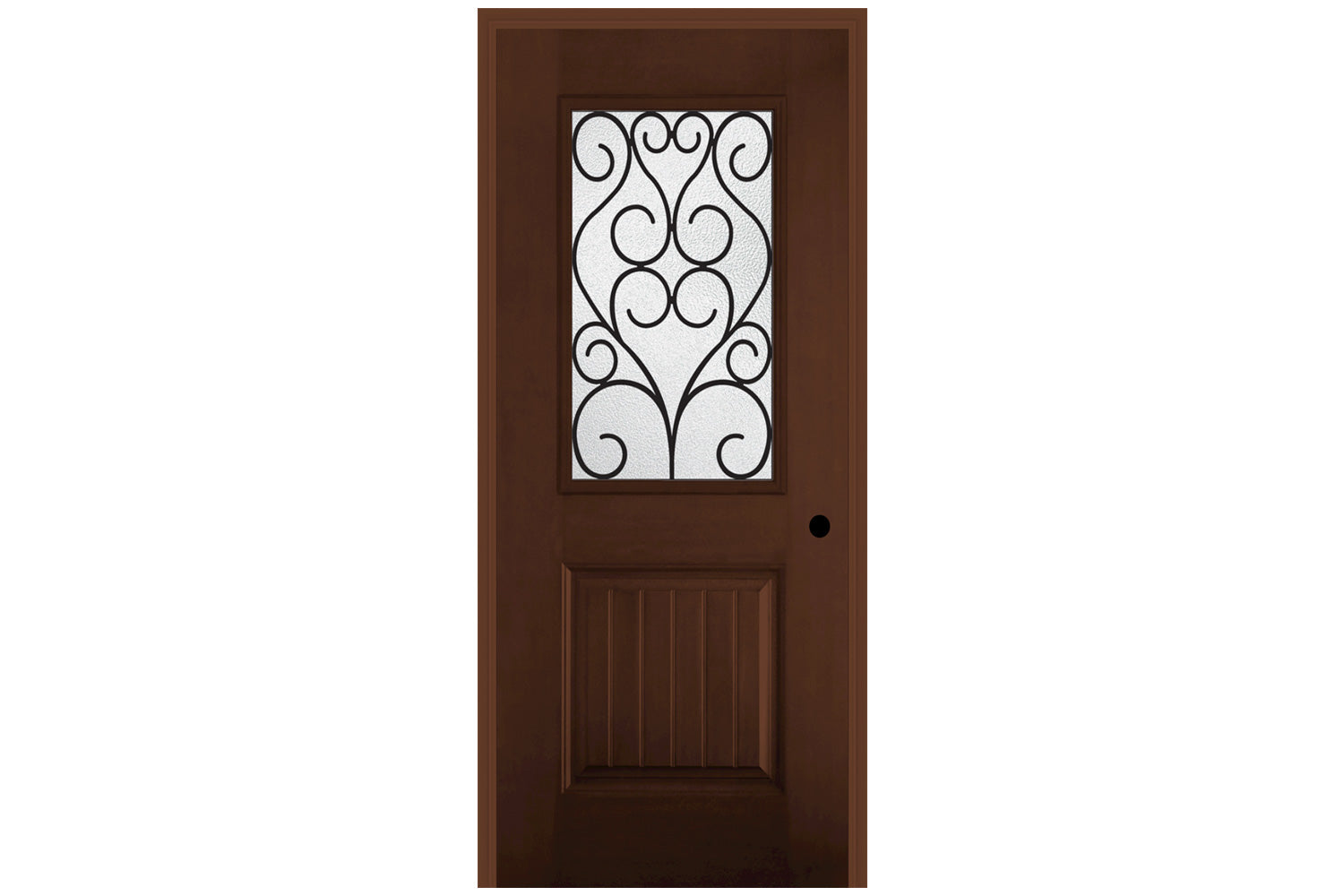 Masonite Belleville Mahogany Textured 1 Panel Plank Door Half Lite with Iron Springs Glass