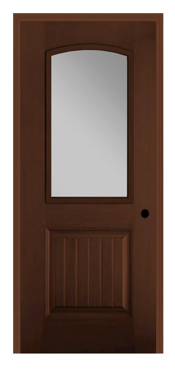 Masonite Belleville Mahogany Textured 1 Panel Plank Door Camber Top with Clear Glass