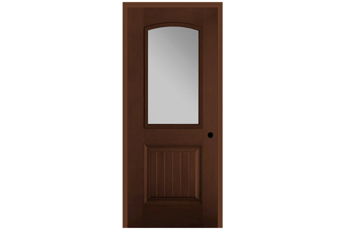 Masonite Belleville Mahogany Textured 1 Panel Plank Door Camber Top with Clear Glass