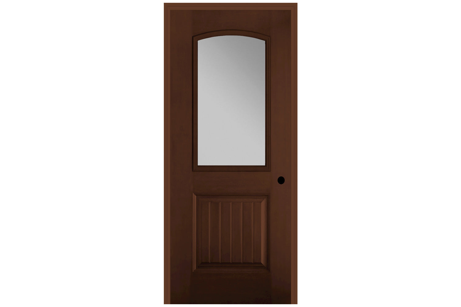 Masonite Belleville Mahogany Textured 1 Panel Plank Door Camber Top with Clear Glass
