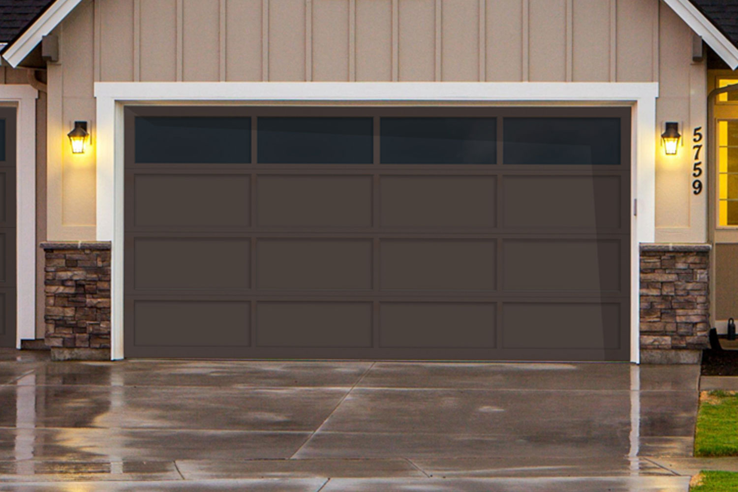 CHI Full-View Aluminum Insulated Modern Garage Doors with Top Glass in Powder Coated Brown