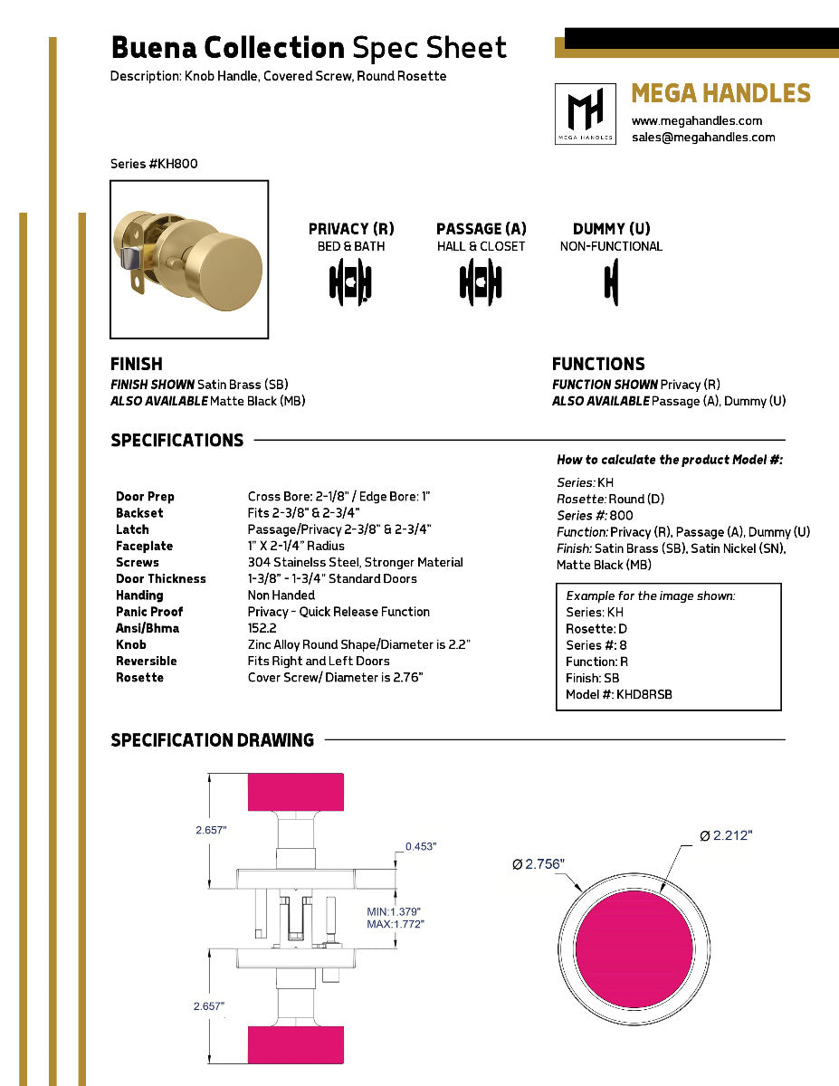 Mega Handles Buena Knob Satin Brass SB