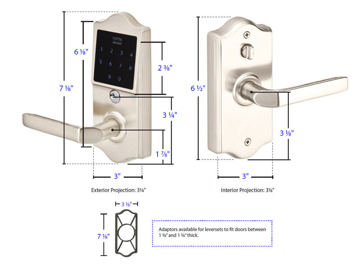 Emtek EMTouch Classic Style Keypad Leverset Dimensions