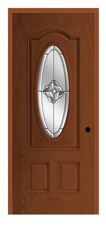Masonite Belleville Oak Textured 3 Panel Arch Top Door 3/4 Oval with Rozet Glass