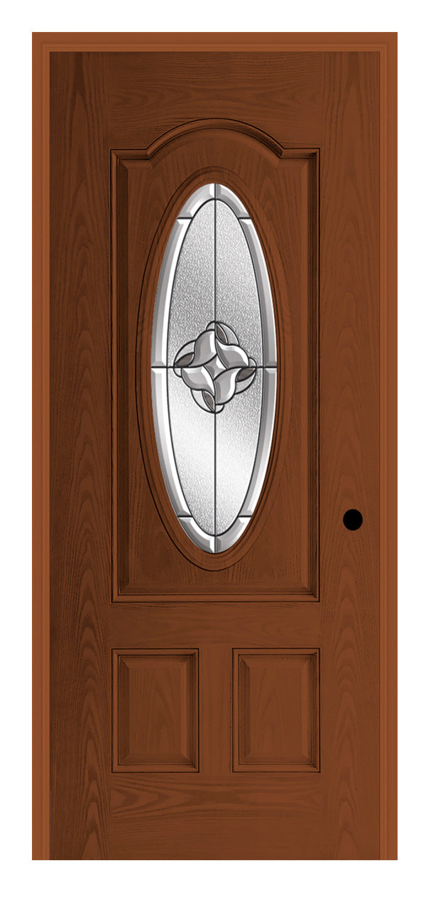 Masonite Belleville Oak Textured 3 Panel Arch Top Door 3/4 Oval with Rozet Glass