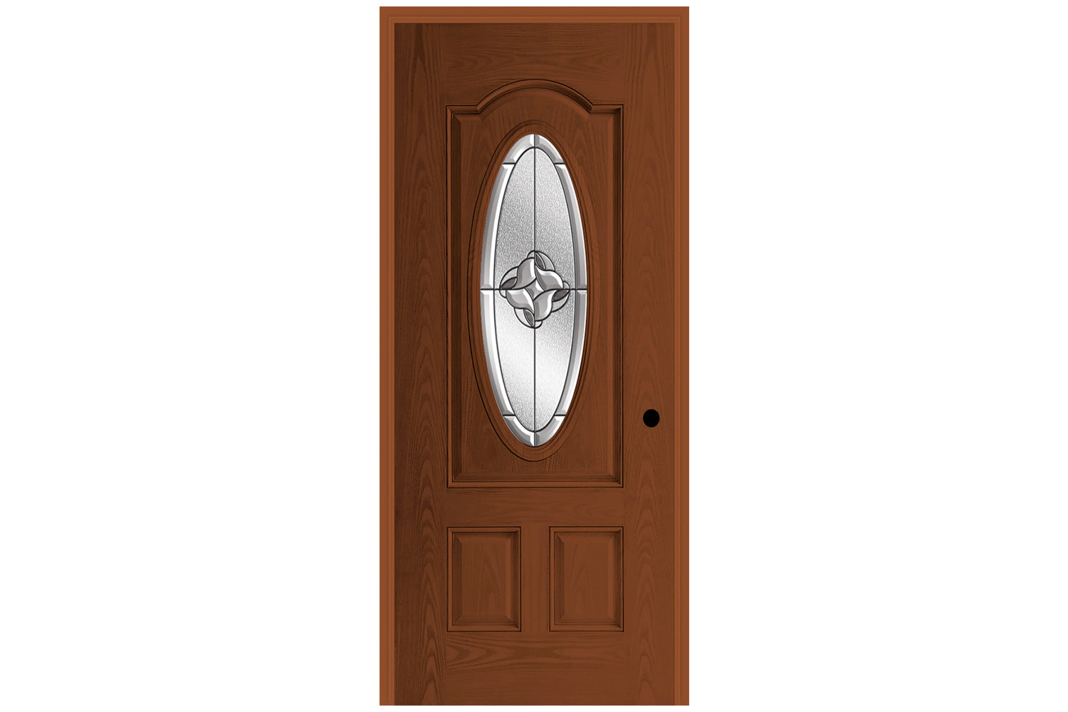Masonite Belleville Oak Textured 3 Panel Arch Top Door 3/4 Oval with Rozet Glass