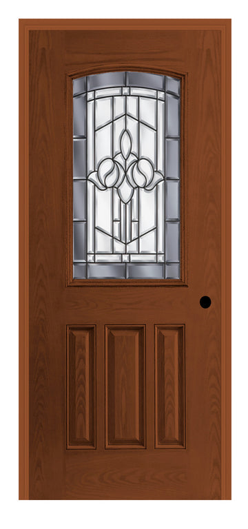 Masonite Belleville Oak Textured 3 Panel Door Half Lite Camber Top with Madrid Glass