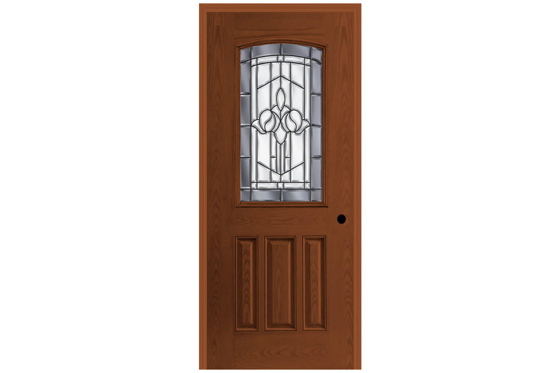 Masonite Belleville Oak Textured 3 Panel Door Half Lite Camber Top with Madrid Glass