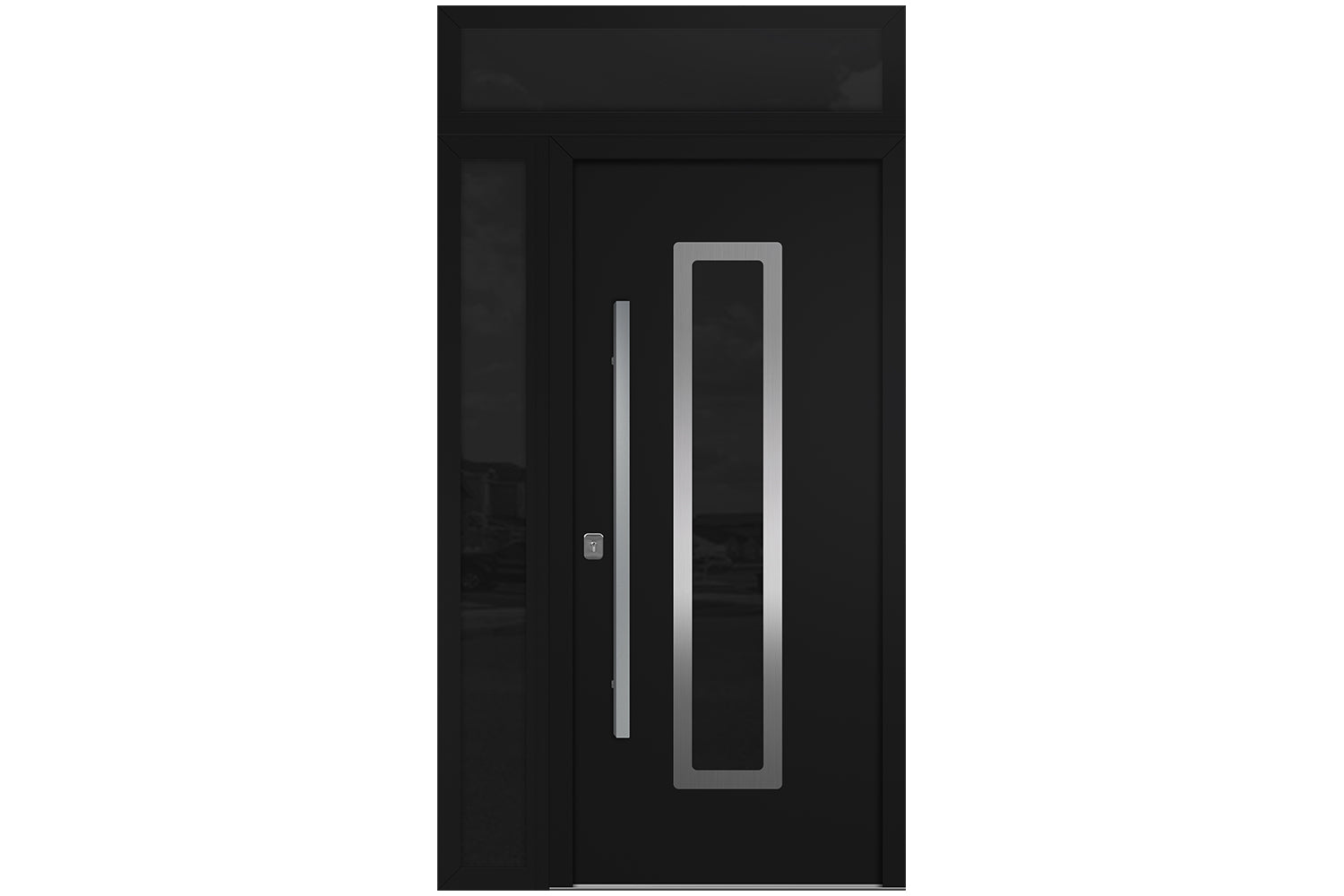 Nova Inox S1 Black Modern Exterior Door w Left Sidelight & Transom Right-in