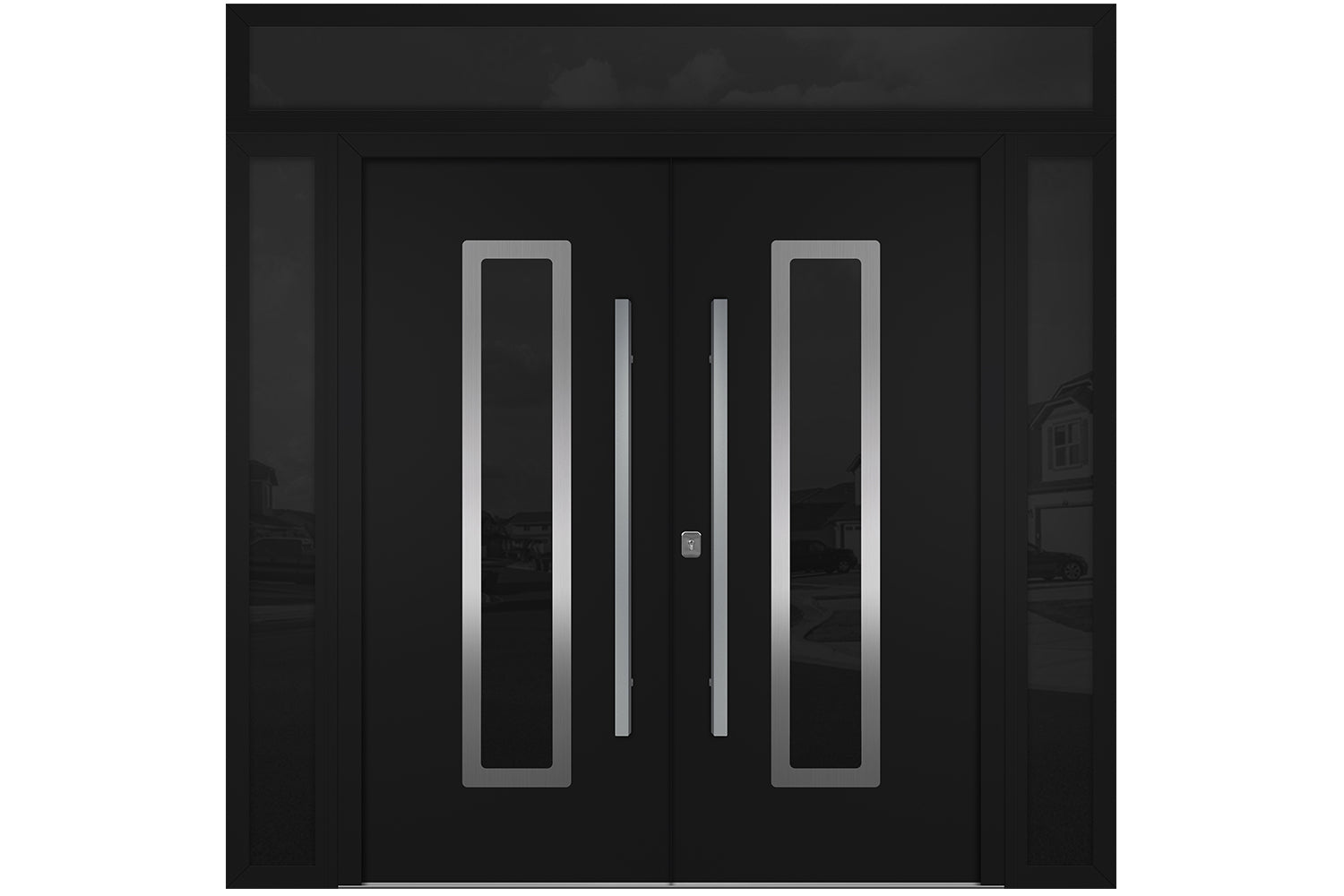 Nova Inox S1 Black Modern Exterior Double Door w Double Sidelight & Transom Right Door Active