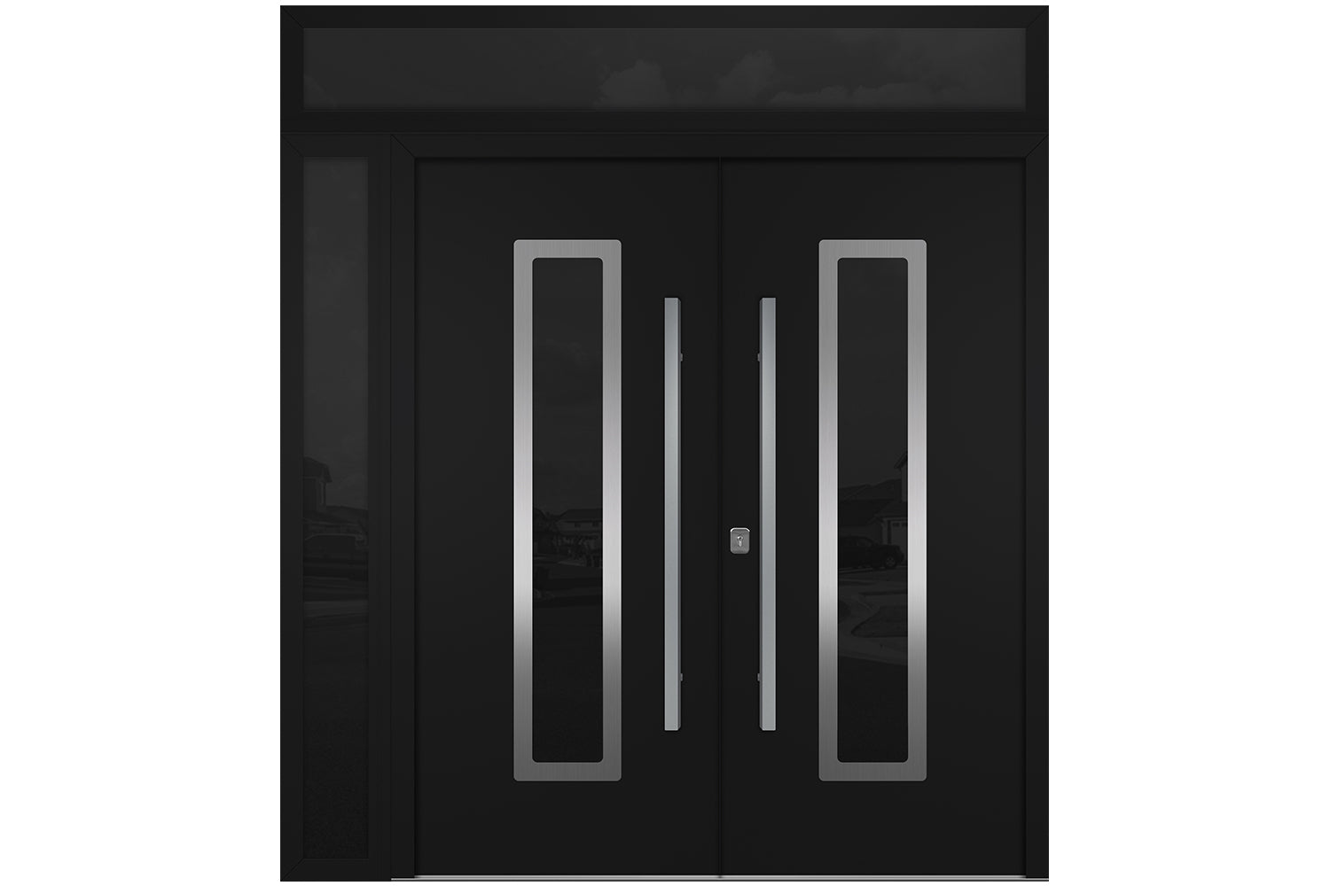 Nova Inox S1 Black Modern Exterior Double Door w Left Sidelight & Transom Right Door Active