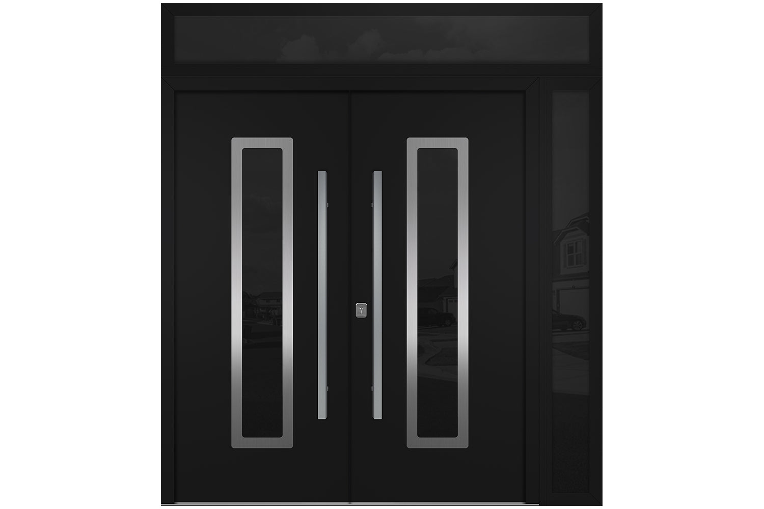 Nova Inox S1 Black Modern Exterior Double Door w Right Sidelight & Transom Right Door Active
