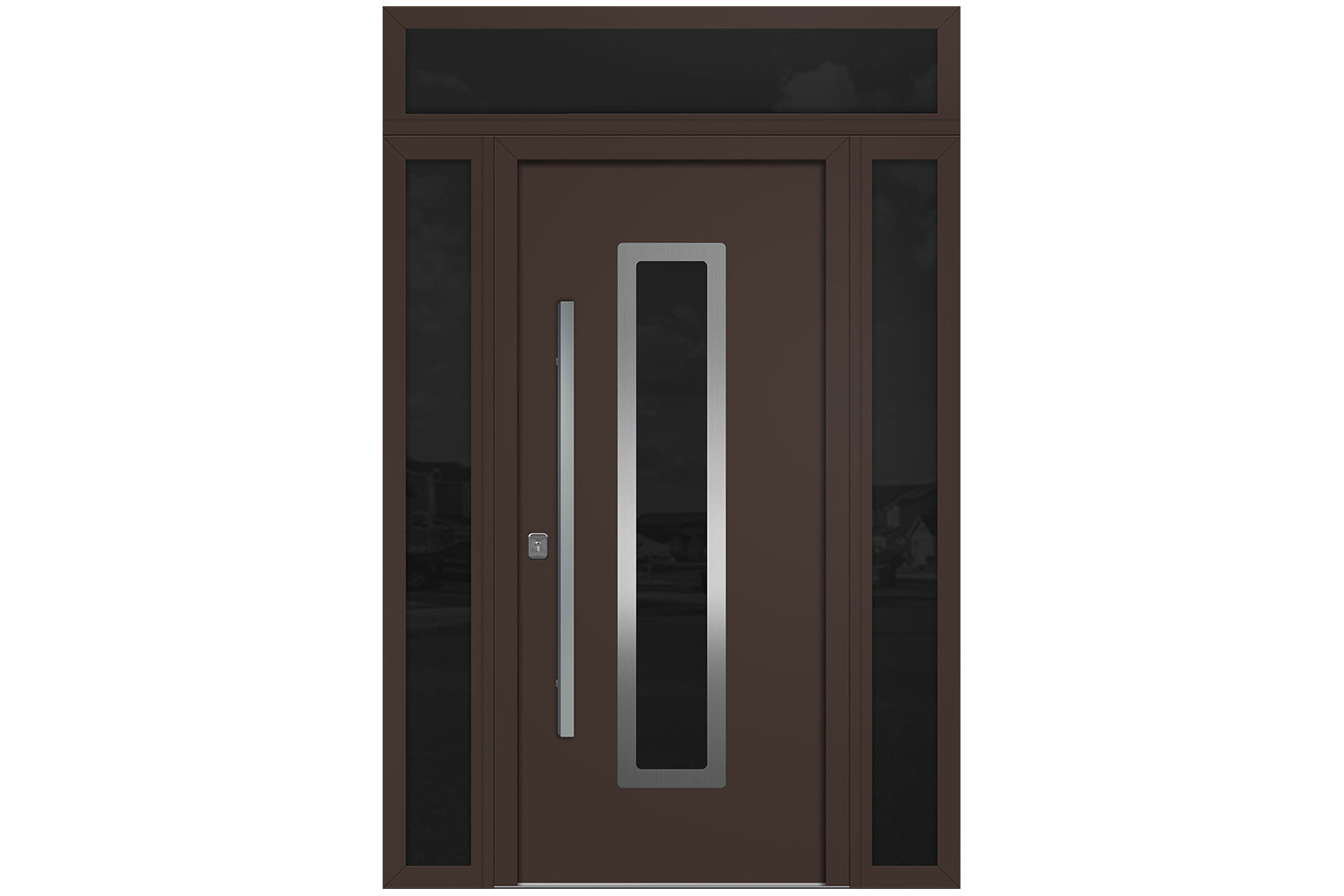 Nova Inox S1  Brown Modern Exterior Door w Double Sidelight & Transom Right-in