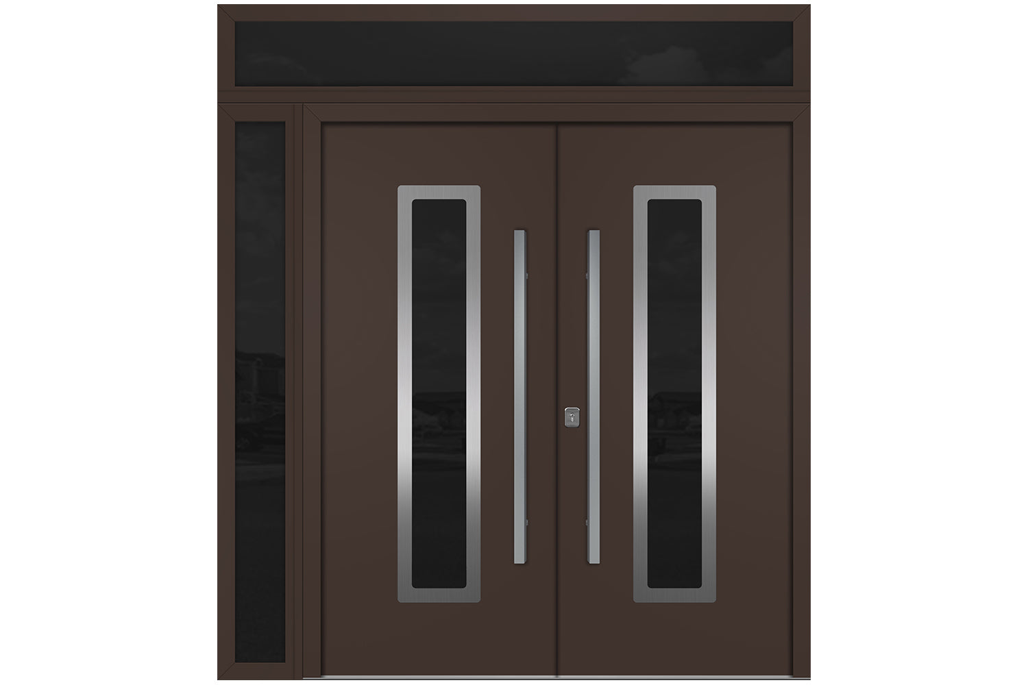 Nova Inox S1 Brown Modern Exterior Double Door w Left Sidelight & Transom Right Door Active