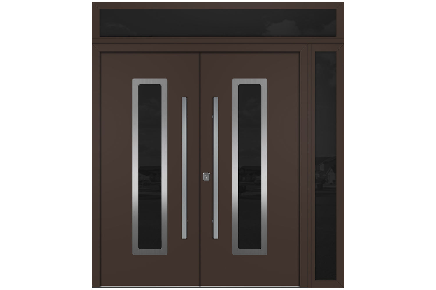 Nova Inox S1 Brown Modern Exterior Double Door w Right Sidelight & Transom Right Door Active