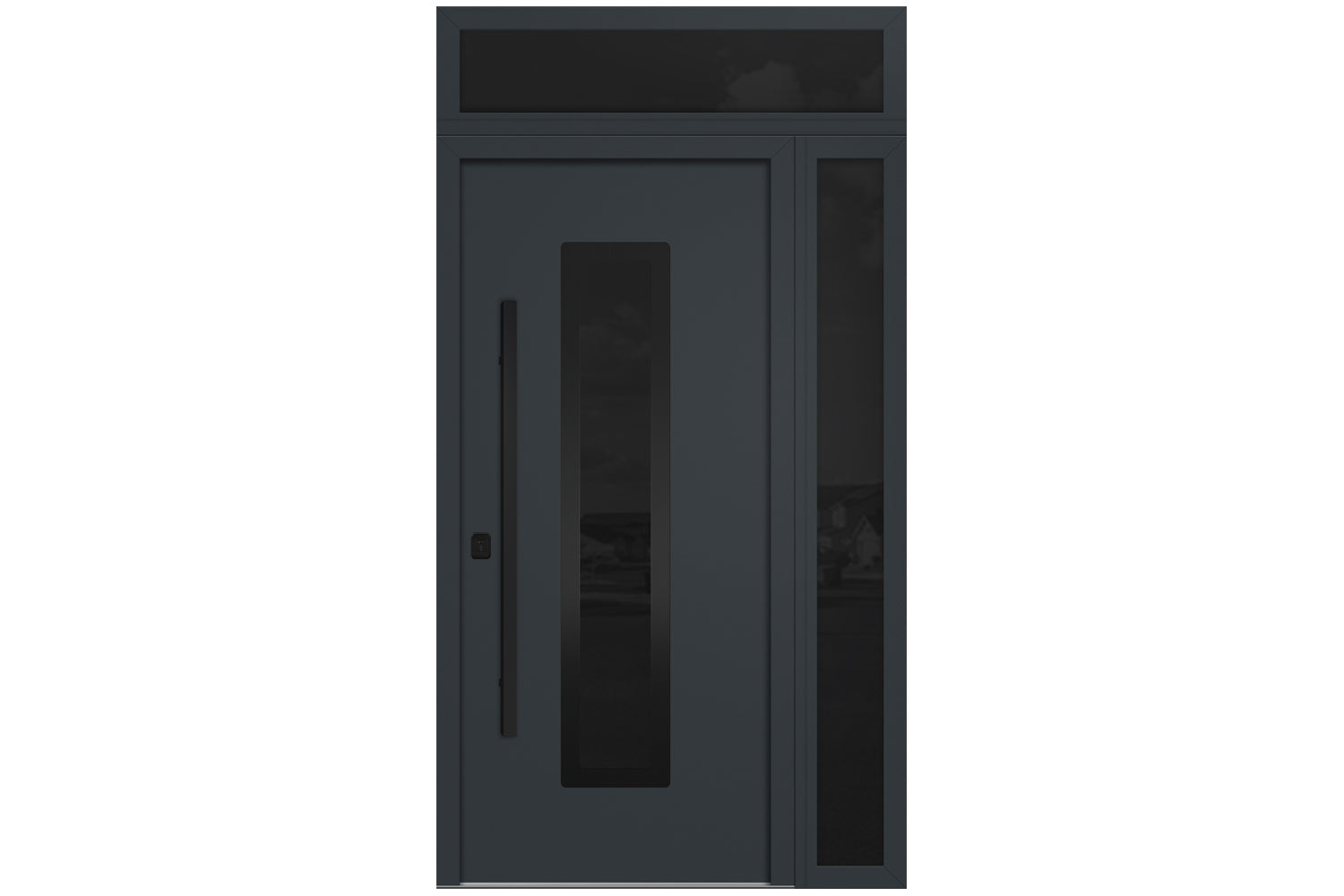 Nova Inox S1 Gray Modern Exterior Door with Black Stainless Steel - with Right Sidelight & Transom