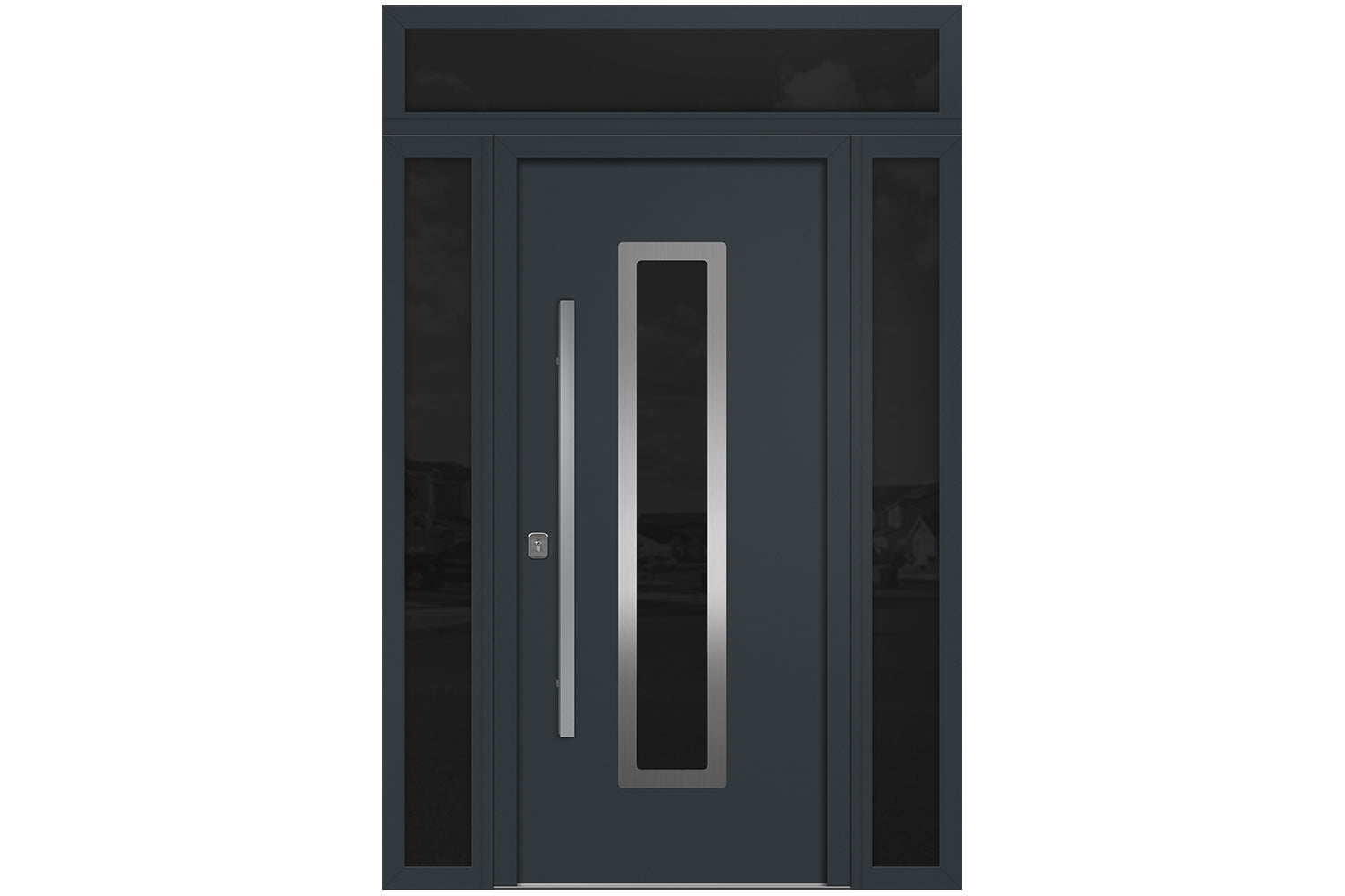 Nova Inox S1 Gray Modern Exterior Door w Double Sidelight & Transom Right-in