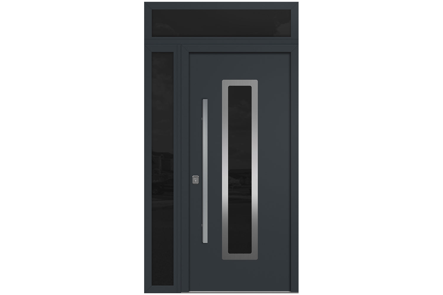 Nova Inox S1 Gray Modern Exterior Door w Left Sidelight & Transom Right-in
