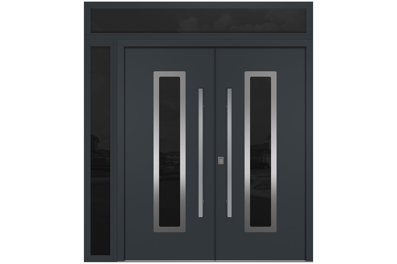 Nova Inox S1 Gray Modern Exterior Double Door w Left Sidelight & Transom Right Door Active