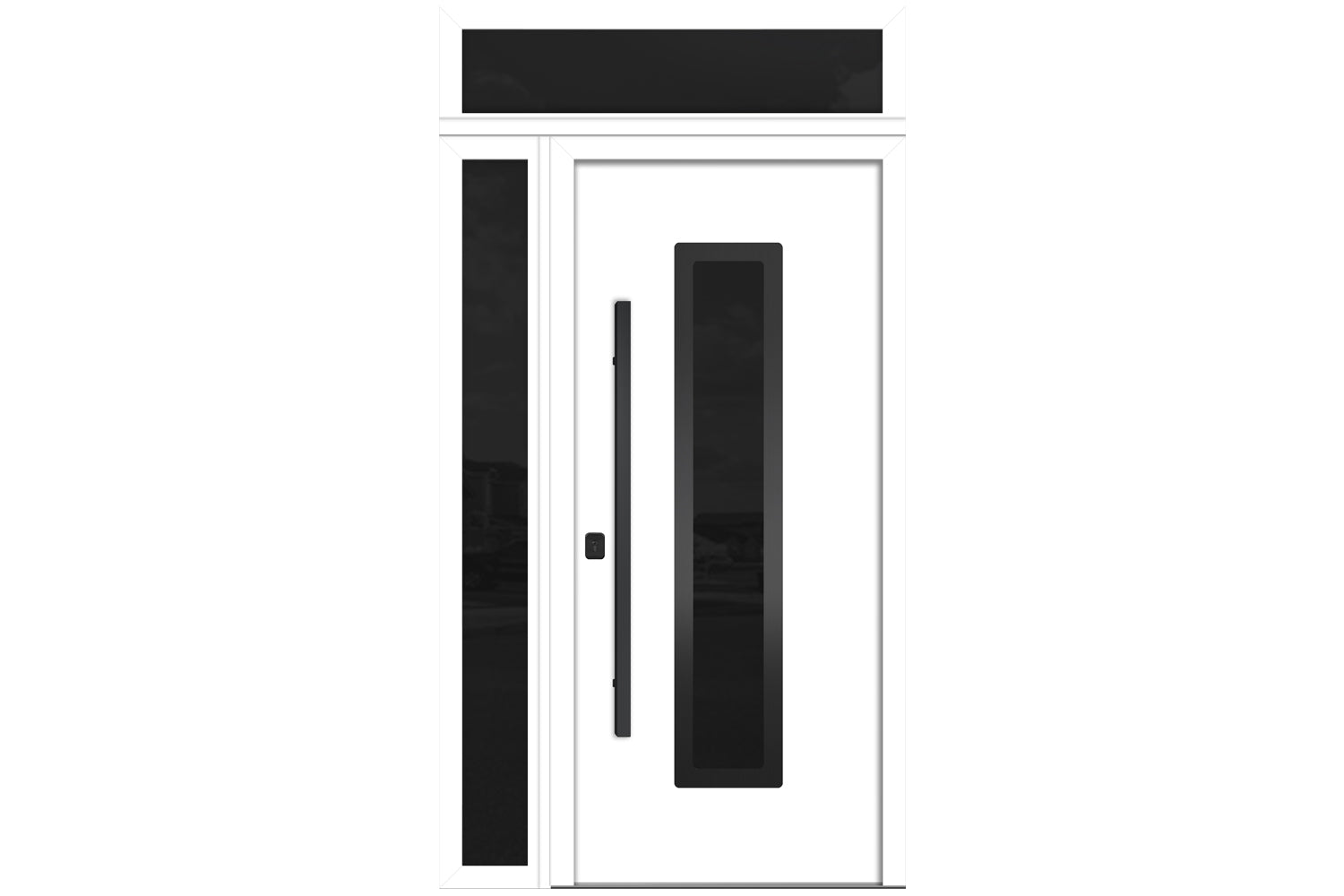 Nova Inox S1 White Modern Exterior Door with Black Stainless Steel - with Left Sidelight & Transom