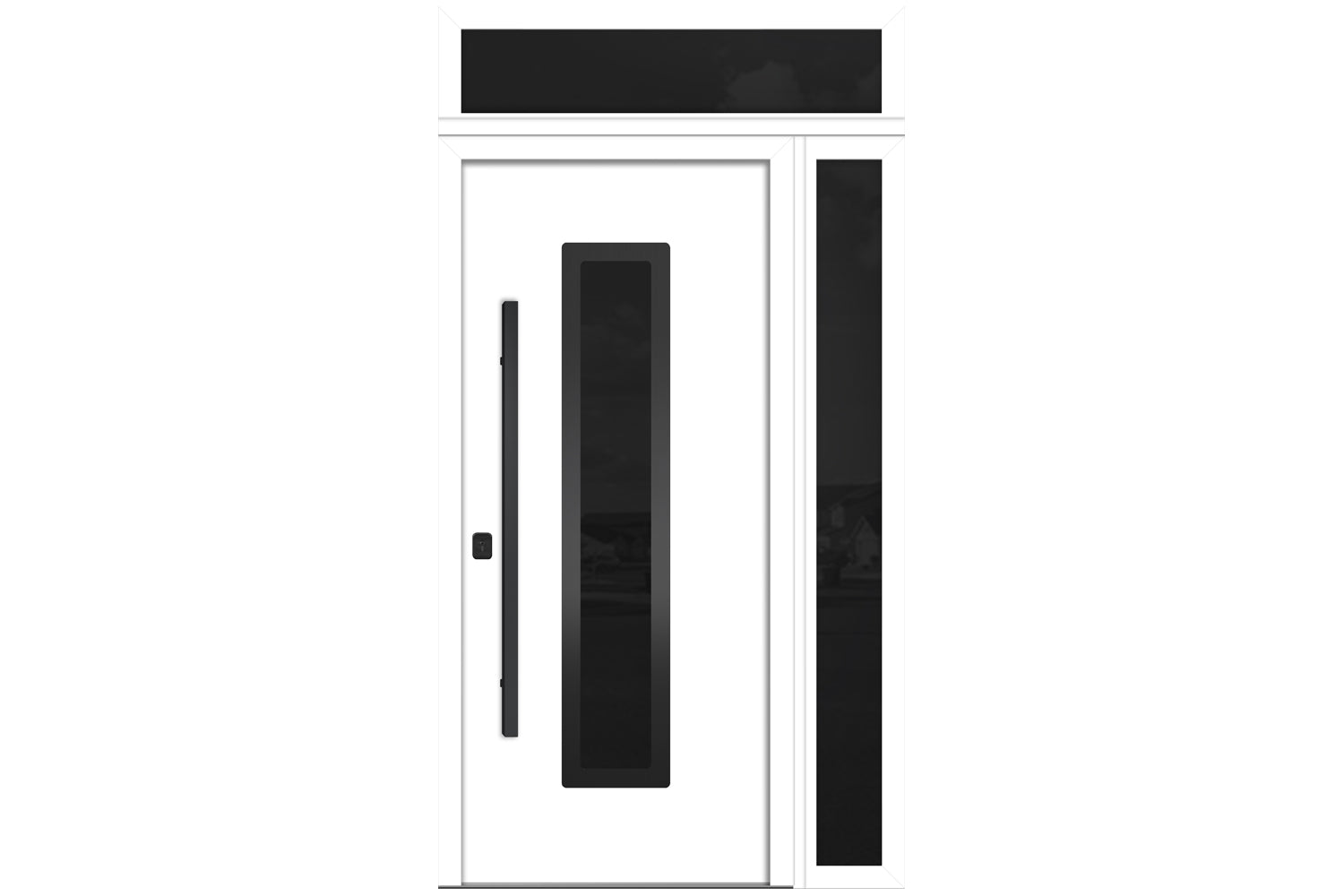 Nova Inox S1 White Modern Exterior Door with Black Stainless Steel - with Right Sidelight & Transom