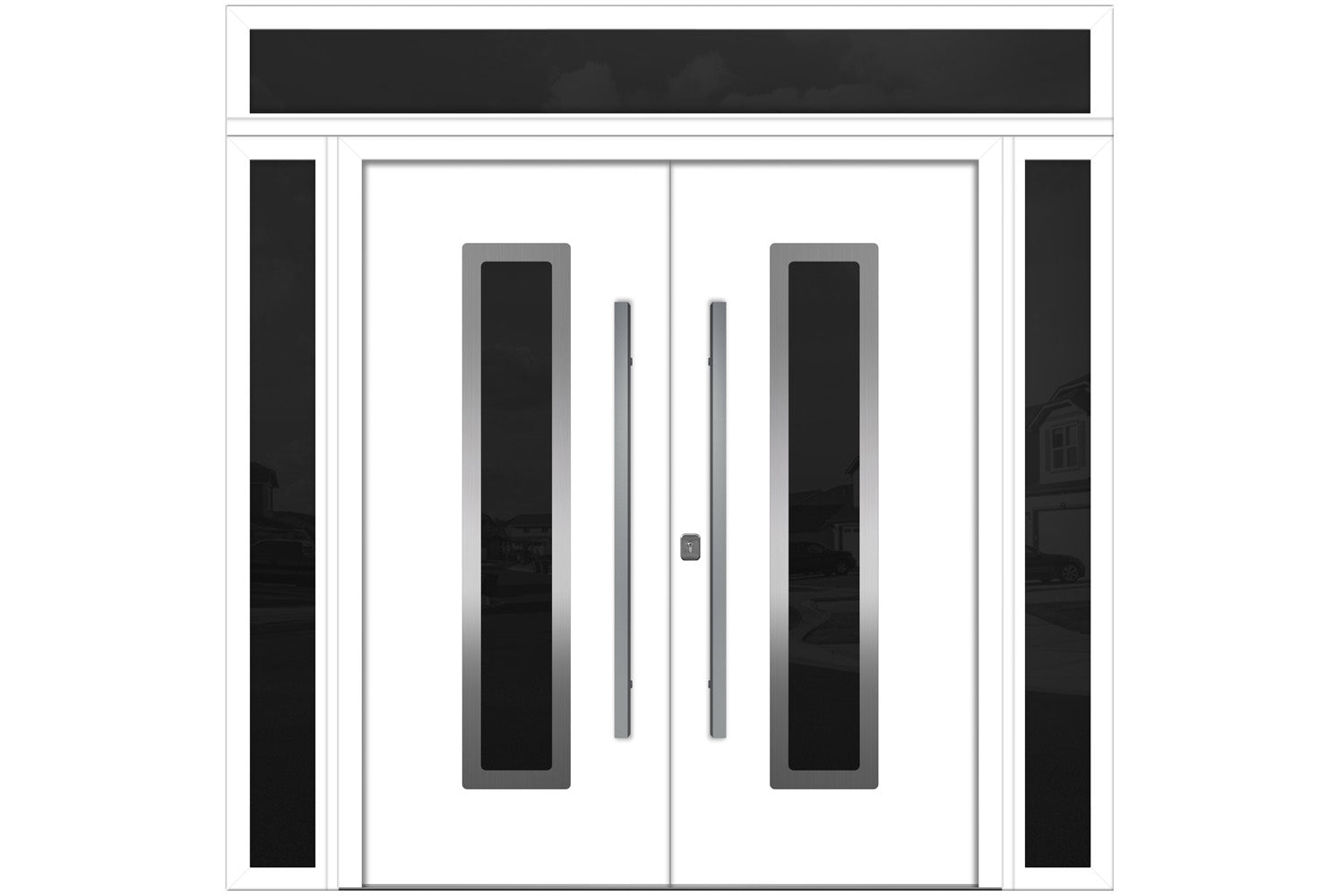 Nova Inox S1 White Modern Exterior Double Door w Double Sidelight & Transom Right Door Active