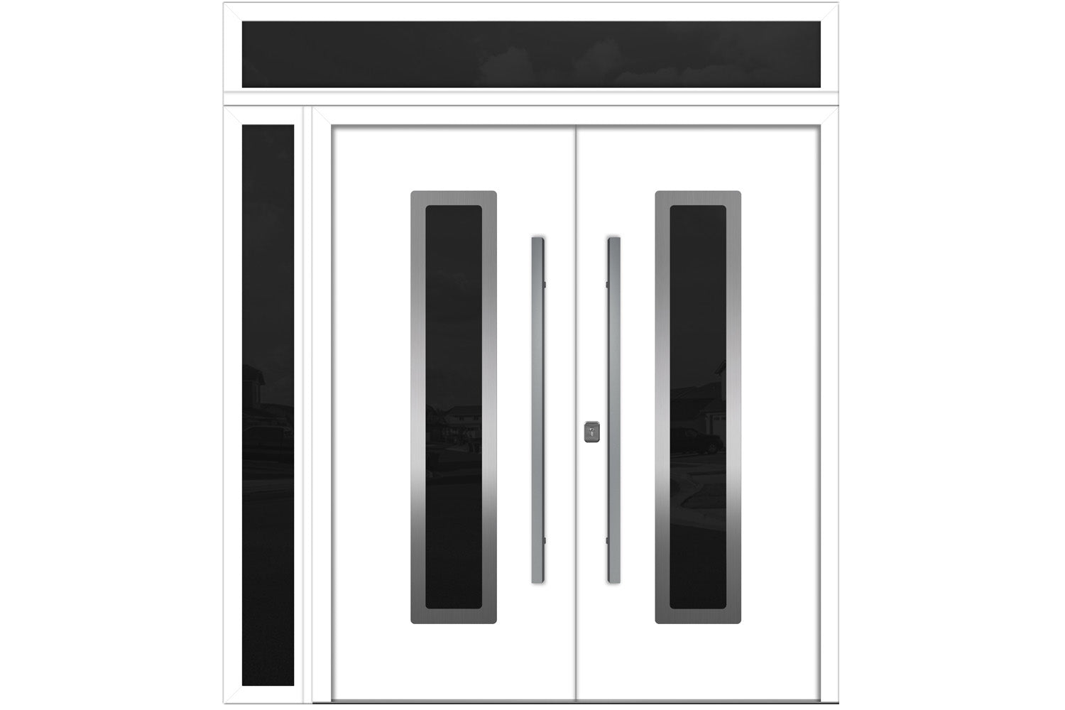 Nova Inox S1 White Modern Exterior Double Door w Left Sidelight & Transom Right Door Active