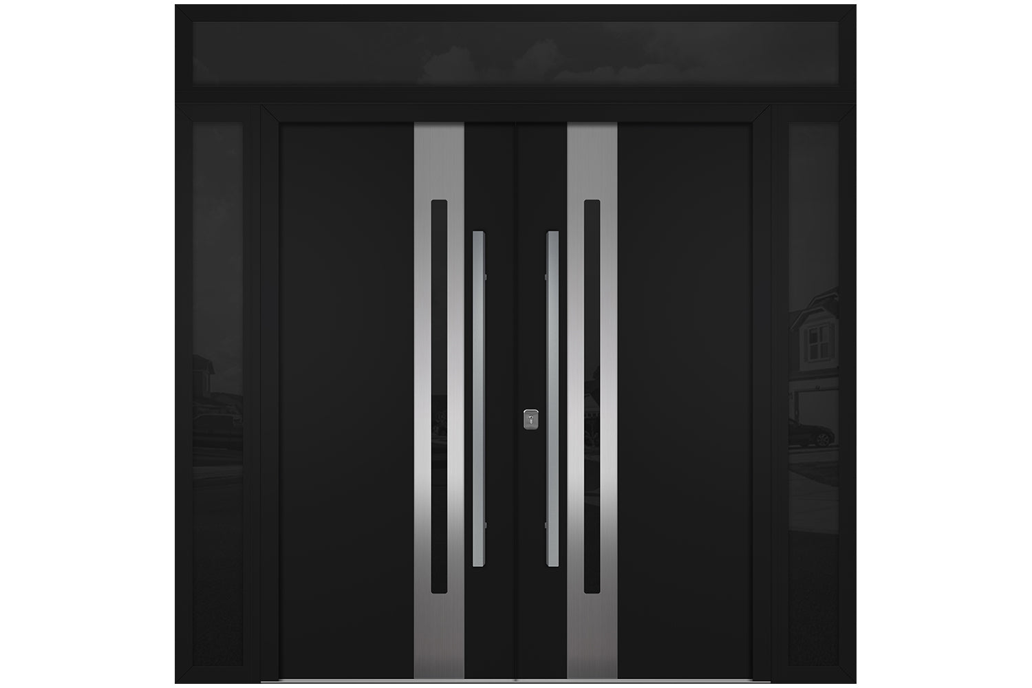 Nova Inox S2 Black Modern Exterior Double Door w Double Sidelight & Transom Right Door Active