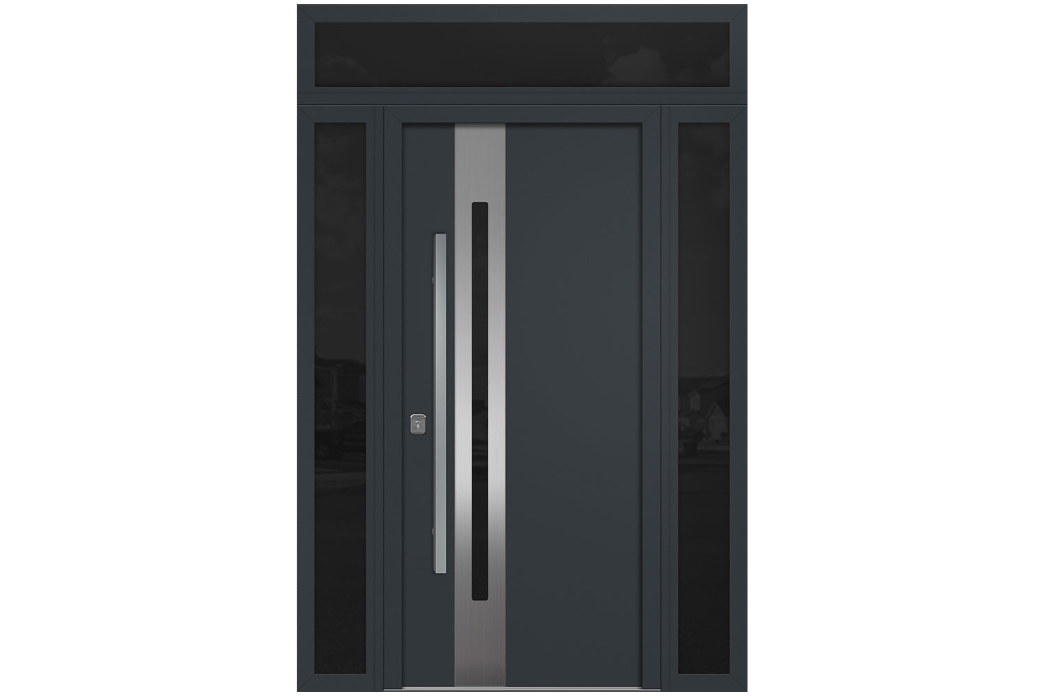 Nova Inox S2 Gray Modern Exterior Door w Double Sidelight & Transom Right-in