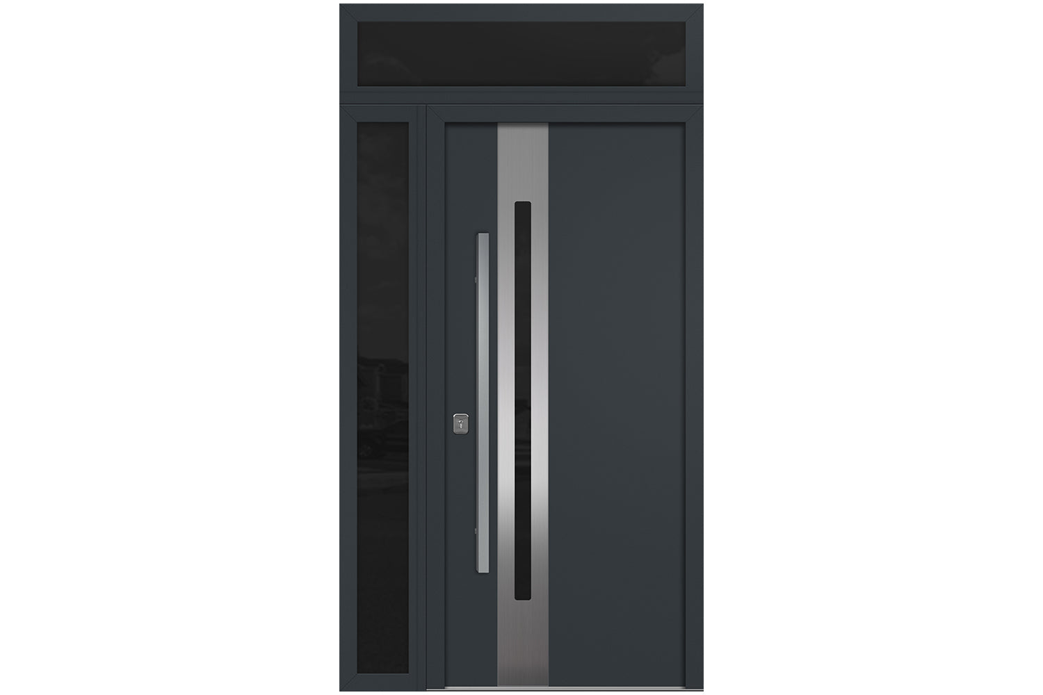 Nova Inox S2 Gray Modern Exterior Door w Left Sidelight & Transom Right-in