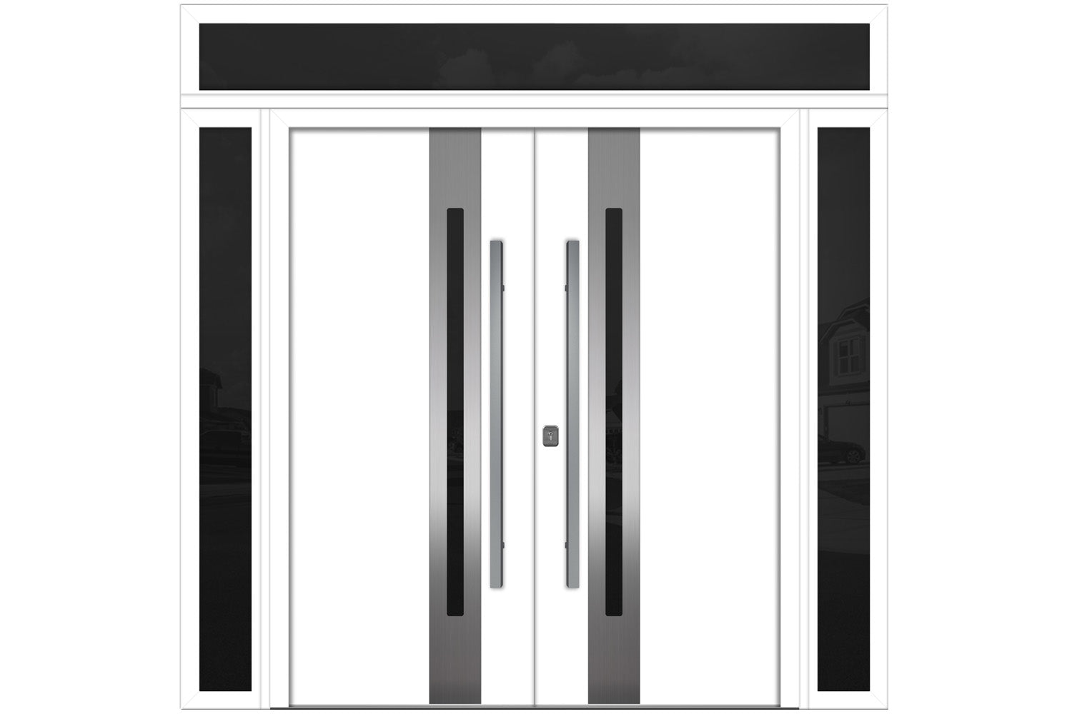 Nova Inox S2 White Modern Exterior Double Door w Double Sidelight & Transom Right Door Active