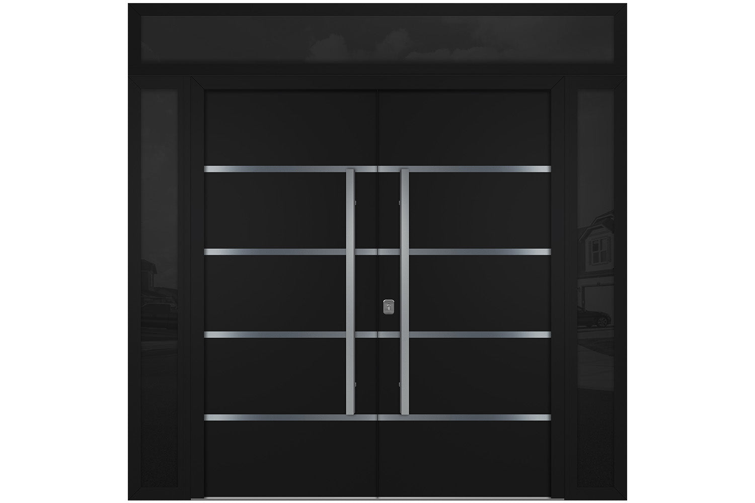Nova Inox S3 Black Modern Exterior Double Door w Double Sidelight & Transom Right Door Active