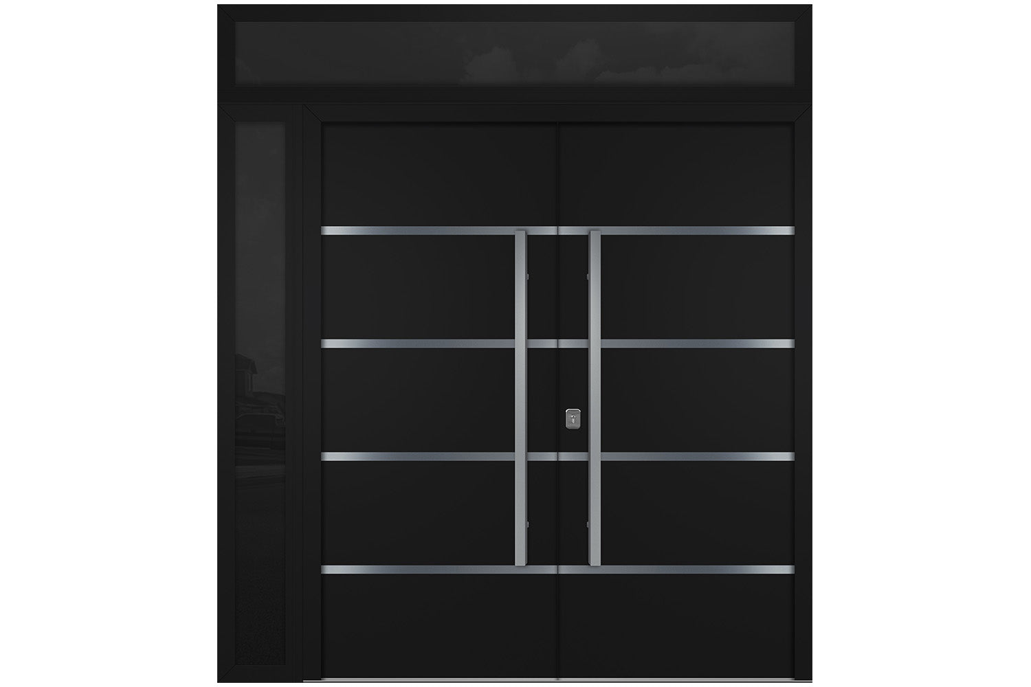 Nova Inox S3 Black Modern Exterior Double Door w Left Sidelight & Transom Right Door Active