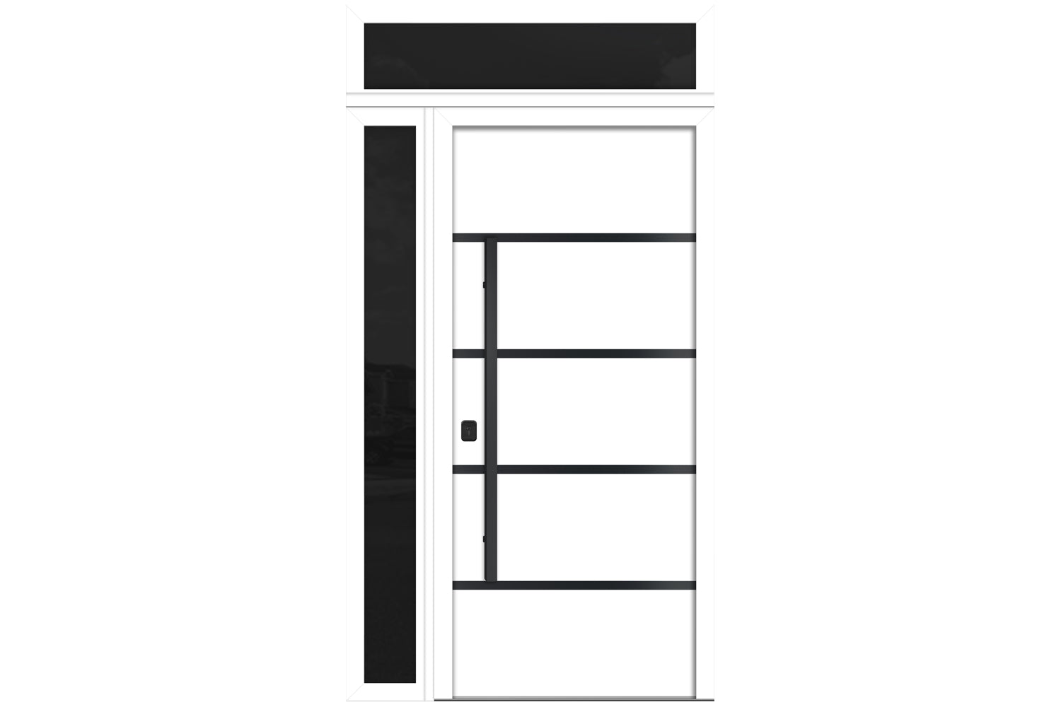 Nova Inox S3 White Modern Exterior Door with Black Stainless Steel - with Left Sidelight & Transom