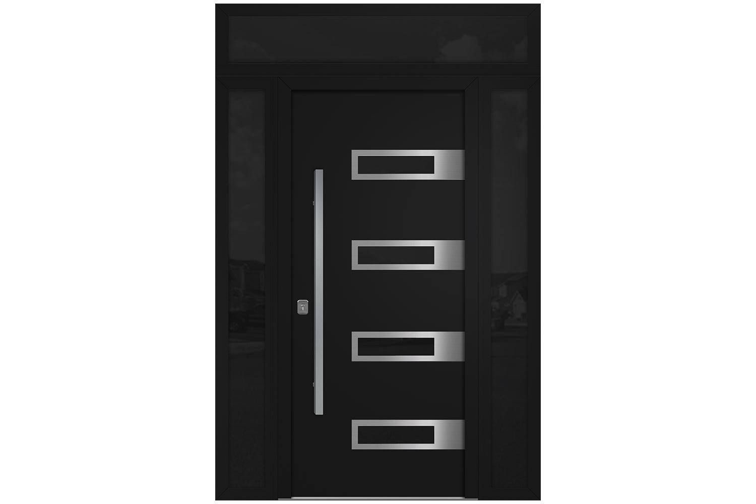 Nova Inox S4 Black Modern Exterior Door w Double Sidelight & Transom Right-in